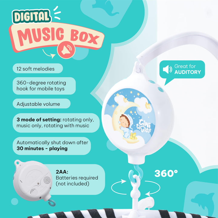 EVERLOVE Montessori Mobile Baby for Crib (TINITIGIES) - Digital Music Box with 12 lullabies & 3 Modes (Rotating only, Music only, Rotating with Music) - Black and White Baby Mobile for Boys & Girls
