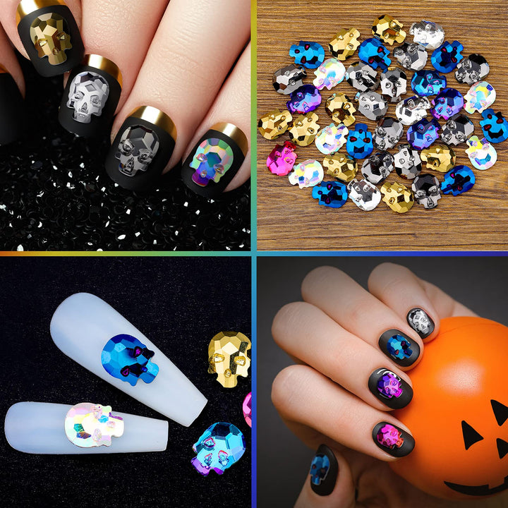 70 Pieces Punk Skull Nail Charms Halloween Nail Charms 3D Skull Head Nail Art Rhinestone Craft Punk Skull Rhinestone Craft Nail Charms Nail Art Jewelry Decoration for Halloween Nail Tip Decoration