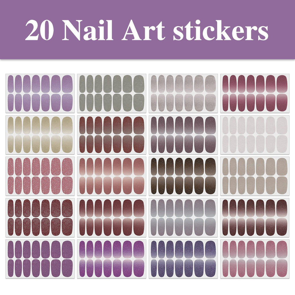 20 Sheets Full Nail Stickers for Women Nail Art Polish Strips Gel Nail Wraps for Girls Pink Purple Cute Glitter Solid Design Nail Polish Stickers Solid Gel Nail Strips Sticker Nails Gel Strips