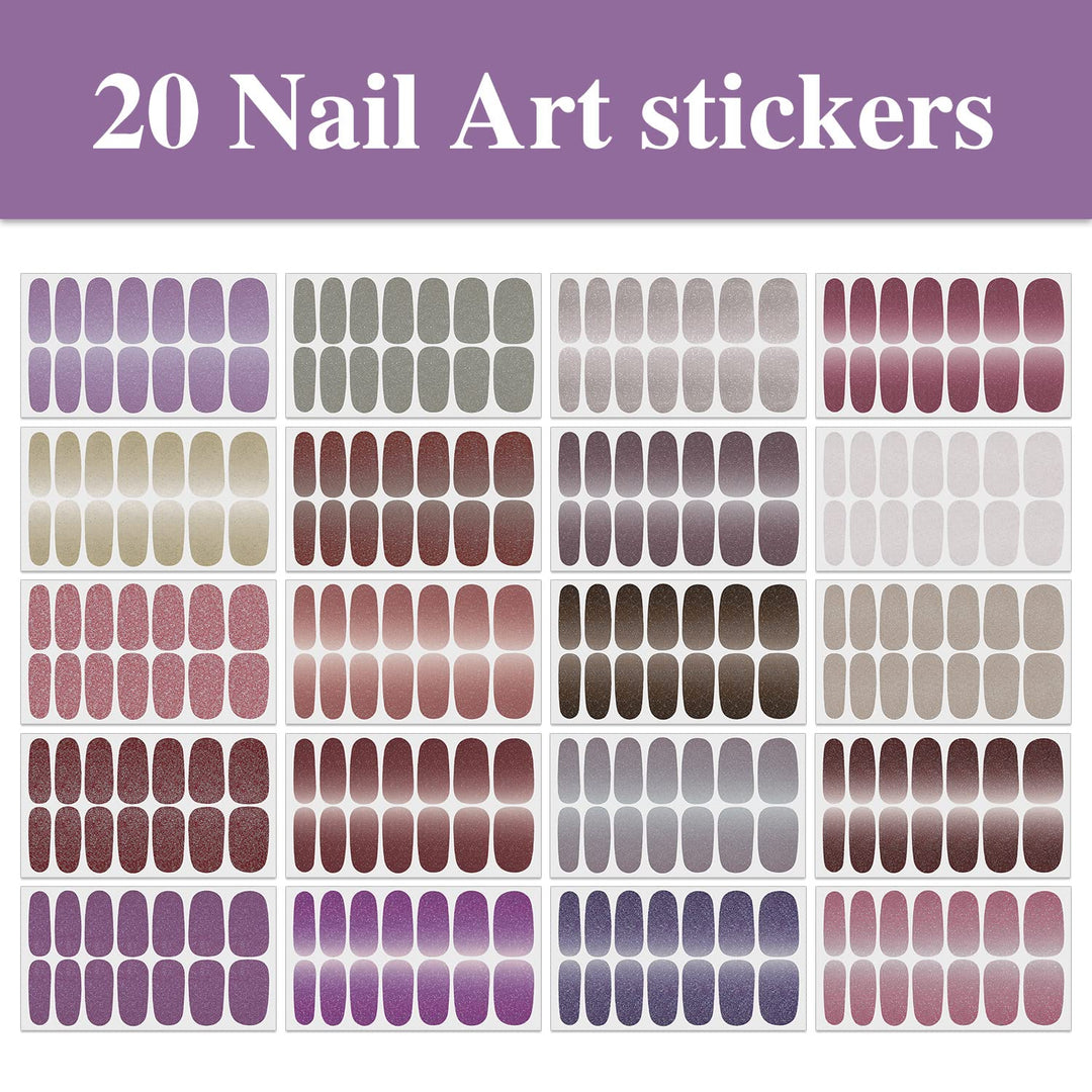 20 Sheets Full Nail Stickers for Women Nail Art Polish Strips Gel Nail Wraps for Girls Pink Purple Cute Glitter Solid Design Nail Polish Stickers Solid Gel Nail Strips Sticker Nails Gel Strips