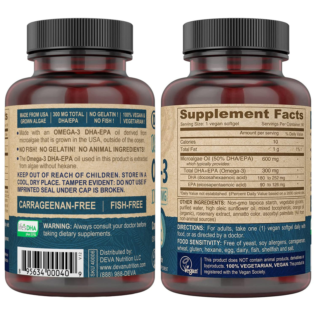 Vegan Omega-3 DHA EPA Supplement Once-Per-Day Softgel 300 MG - Carrageenan Gelatin & Gluten Free - Non-Fish Algae Oil Fatty Acids - 90 Softgels