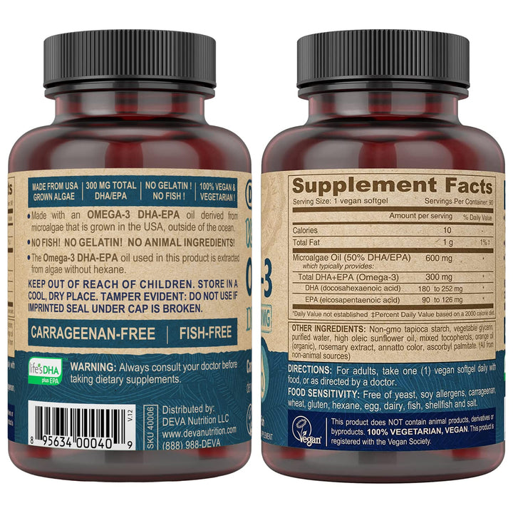 Vegan Omega-3 DHA EPA Supplement Once-Per-Day Softgel 300 MG - Carrageenan Gelatin & Gluten Free - Non-Fish Algae Oil Fatty Acids - 90 Softgels