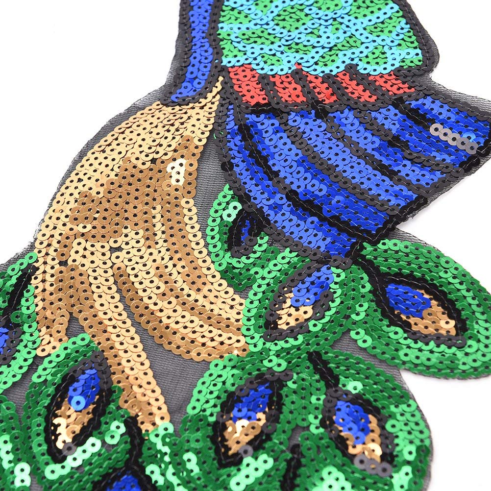 2 Pack Colorful Sequins Peacock Patch Iron On/Sew on Embroidered Applique Patch Craft Fashion Accessories for DIY Clothes