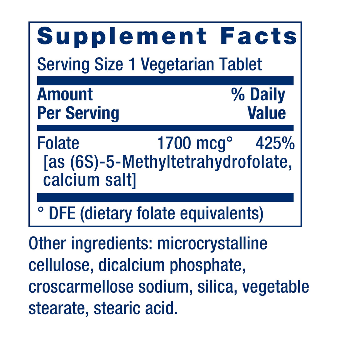 Optimized Folate – L-methylfolate – Heart & Brain Support, Healthy Homocysteine Levels – Non-GMO, Gluten-Free, Vegetarian – 1700 mcg DFE, 100 Vegetarian Tablets