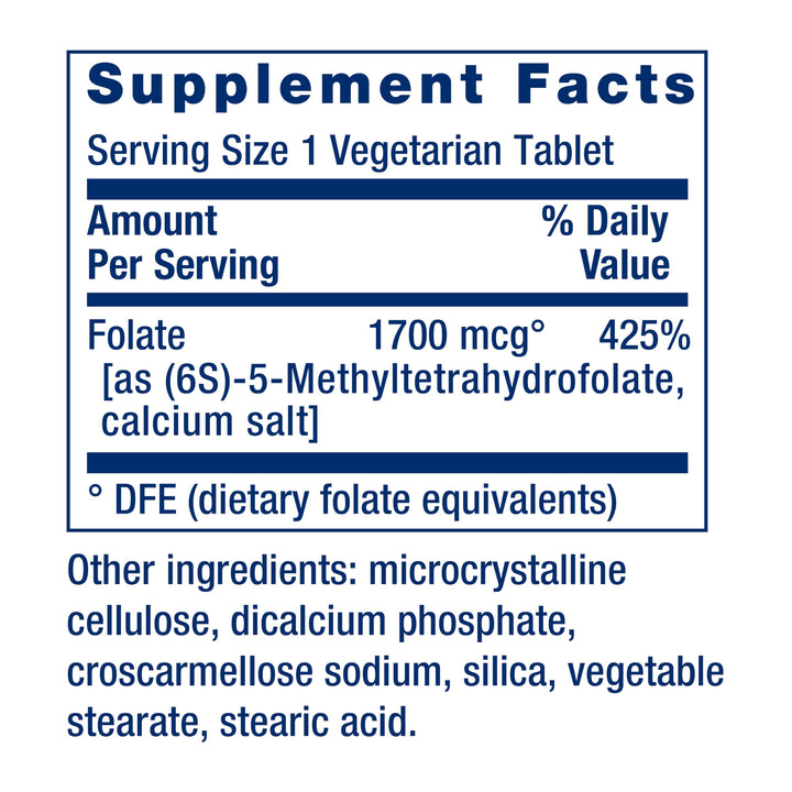 Optimized Folate – L-methylfolate – Heart & Brain Support, Healthy Homocysteine Levels – Non-GMO, Gluten-Free, Vegetarian – 1700 mcg DFE, 100 Vegetarian Tablets