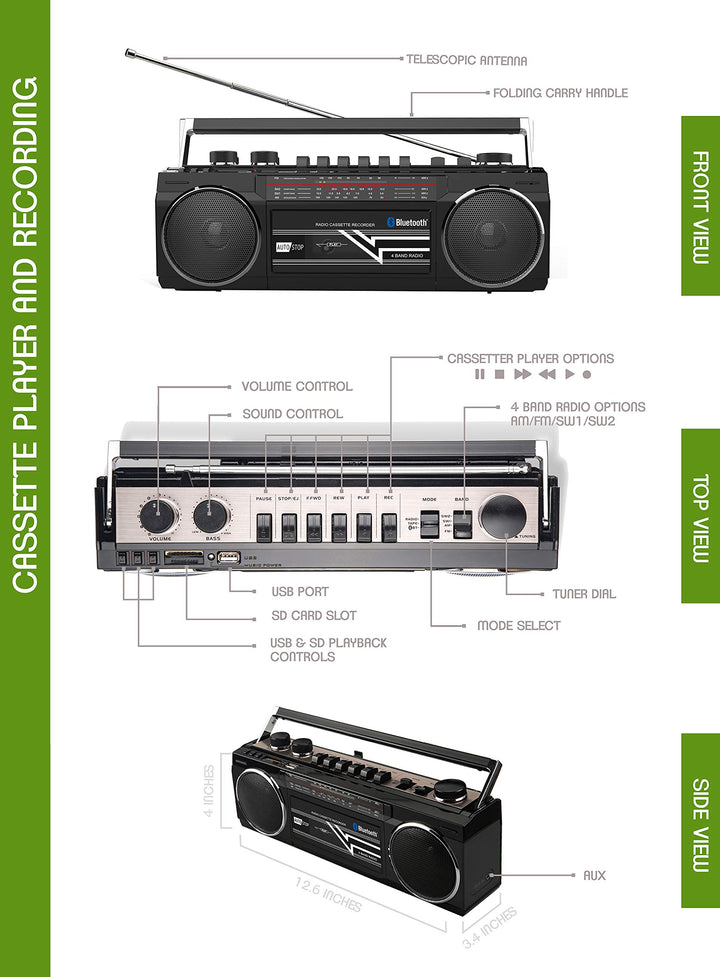 Cassette Boombox, Retro Blueooth Boombox, Cassette Player and Recorder, AM/FM/SW-1-SW2 Radio-4-Band Radio, USB, SD, Silver