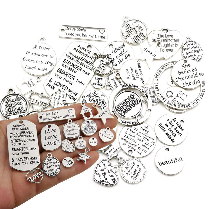 80pcs Inspiration Word Charms Pendants Engraved Motivational Charms Pendants for DIY Necklaces Bracelets Bangles Jewelry Making Fashion Accessories