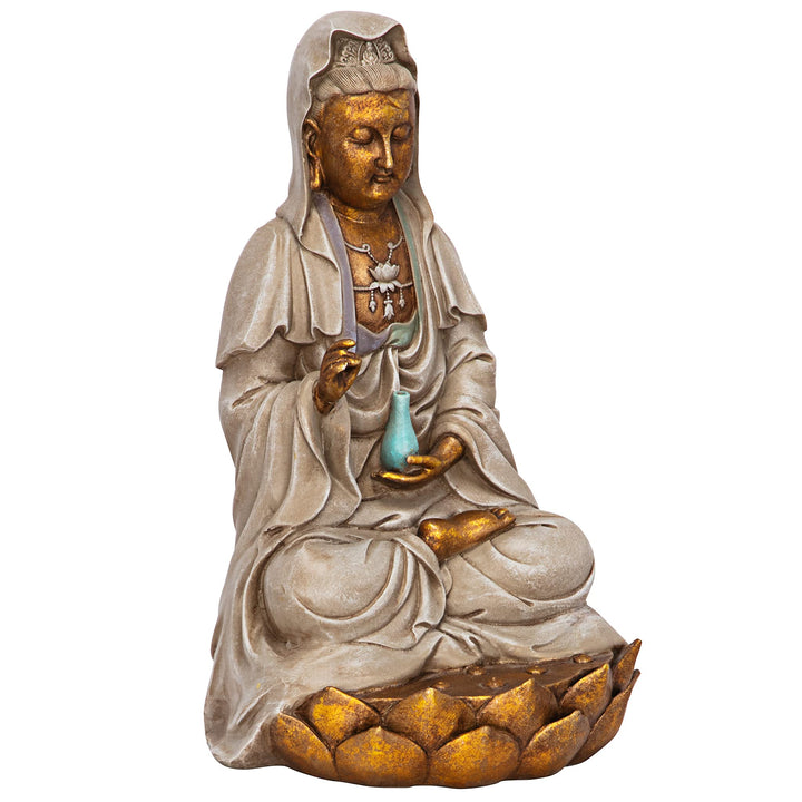 EU1017 Guan-Yin Patroness of Compassion Seated on Lotus Asian Decor Indoor/Outdoor Garden Statue, 7 inches wide, 12 inches tall, Handcast Polyresin, Faux Stone & Metallic Finish