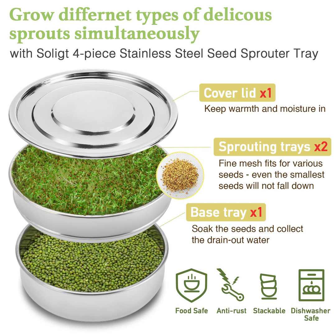 Stackable Stainless Steel Seed Sprouting Kit, 2-Tier Mesh Sprouting Trays, 1 Base and 1 Cover Lid