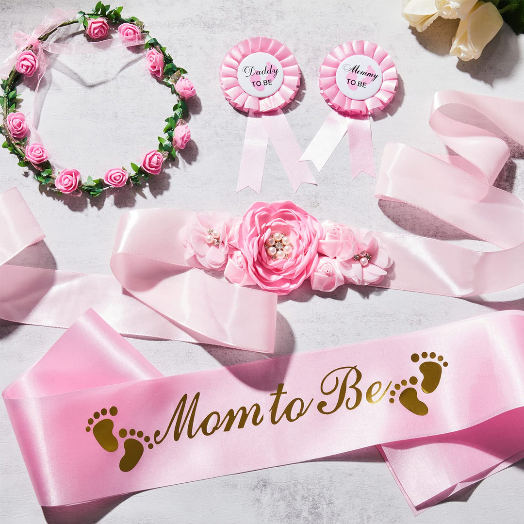 5 Pcs Baby Shower Maternity Sash Kit Shoulder Sash and Pin Daddy Corsages Flower Crown Pregnancy Sash Rose Wreath Headdress for Baby Shower Pregnancy Parents Prop Present Party Favor(Pink)