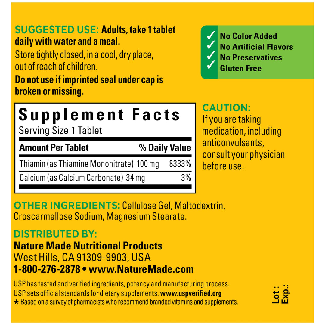 Vitamin B1 100 mg, Dietary Supplement for Energy Metabolism Support, 100 Tablets, 100 Day Supply