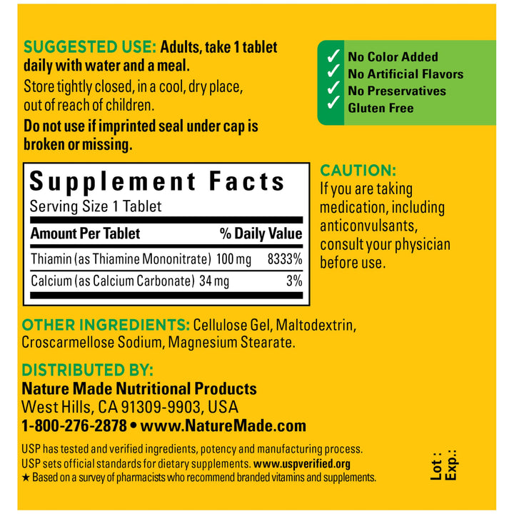 Vitamin B1 100 mg, Dietary Supplement for Energy Metabolism Support, 100 Tablets, 100 Day Supply