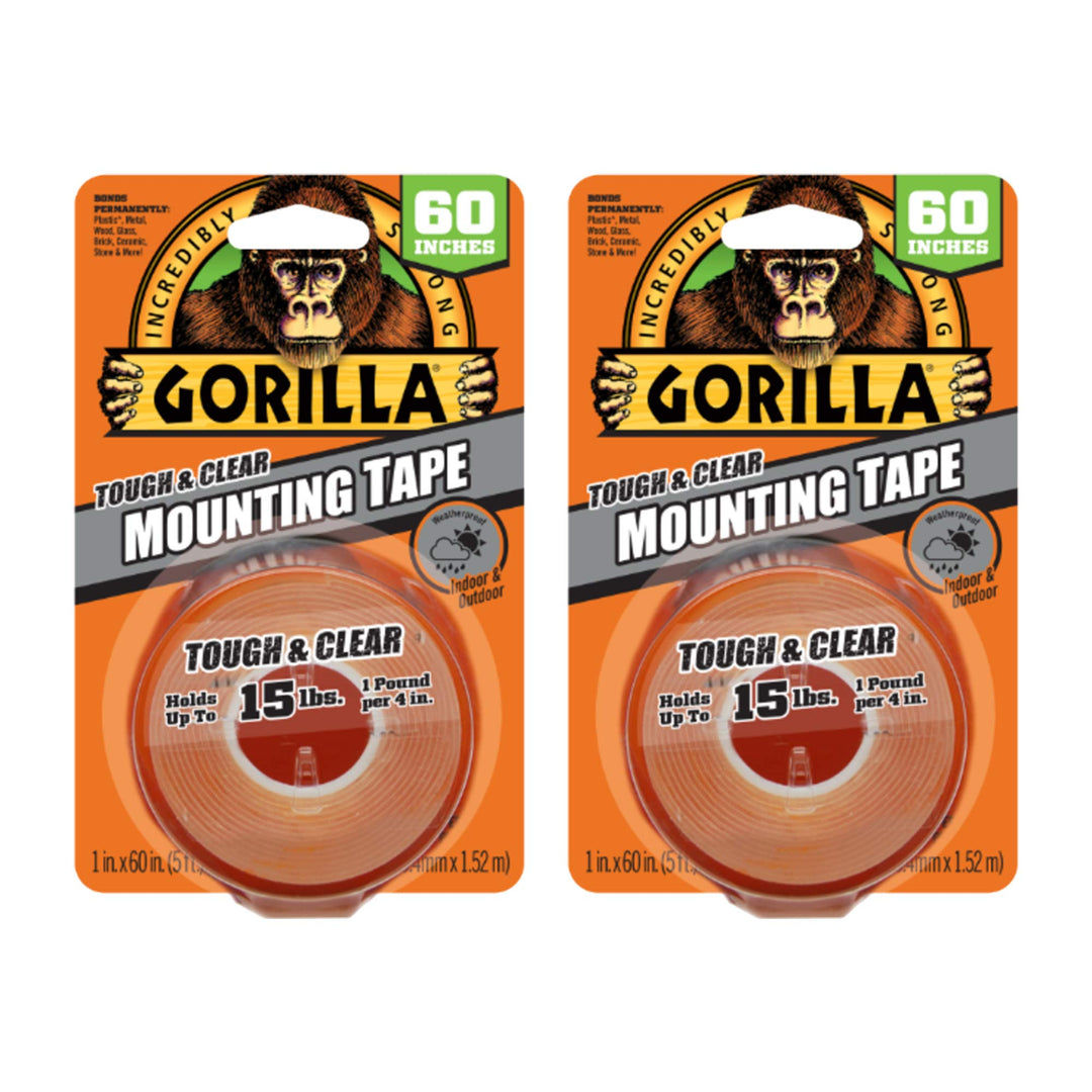 Gorilla Tough & Clear, Double Sided Mounting Tape, Weatherproof, 1 x 60, Clear, (Pack of 2)