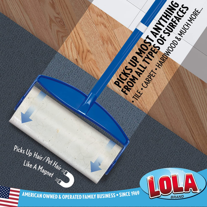 Lola Rola Sticky Mop, Giant Floor Lint Roller, 9 W x 3.5 Dia., Best Pet Hair Remover, Traps Dust, Dirt, Dog and Cat Hair on Carpet, 30 Large Adhesive Sheets - Stickiest on The Market