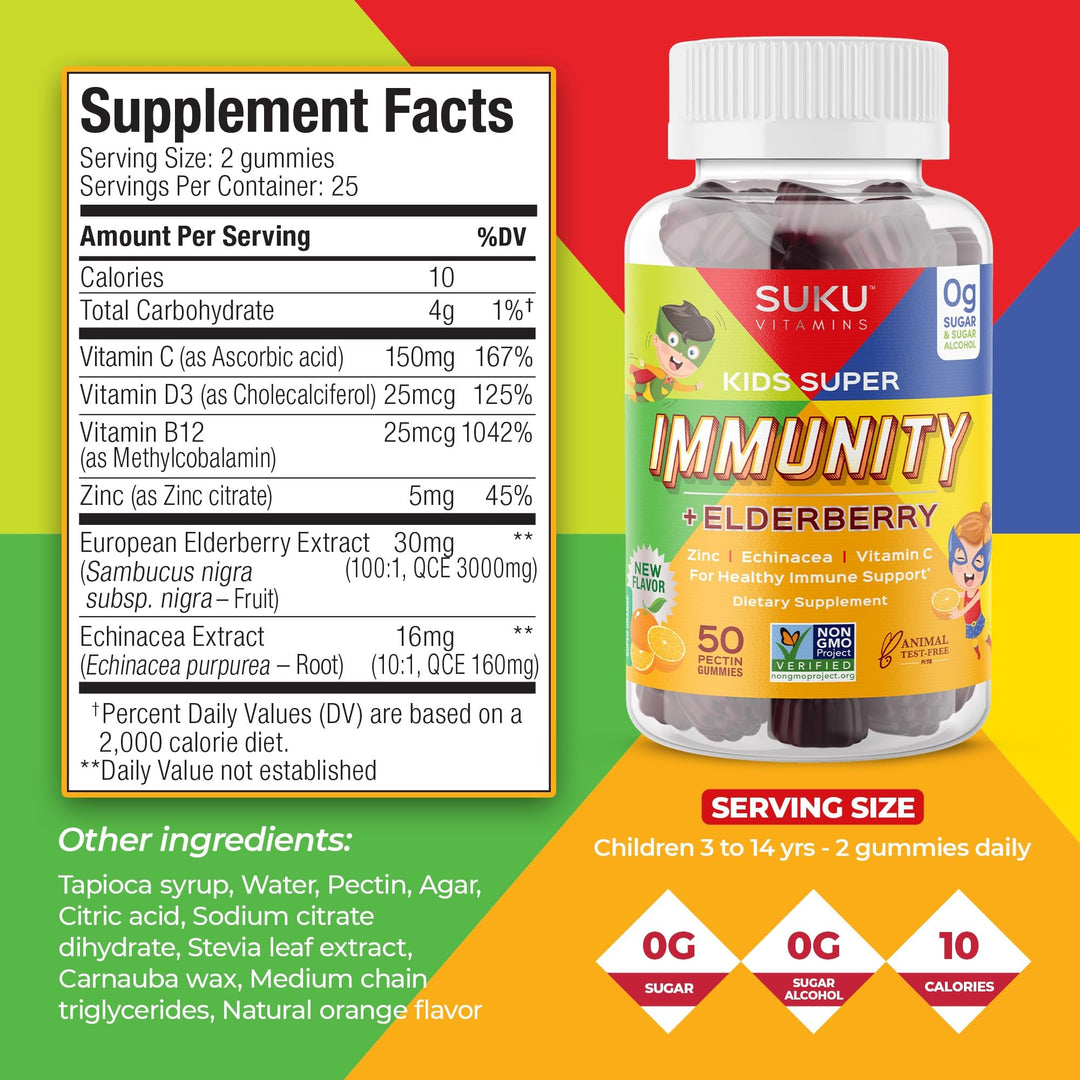 Vitamins - Kids Super Immunity - Elderberry, Echinacea, Vitamin A and Zinc Gummies for Immune Support - Easy to Chew - Non GMO, Gluten Sugar Free - Pomegranate Lime Gummy Vitamins, 50 Count
