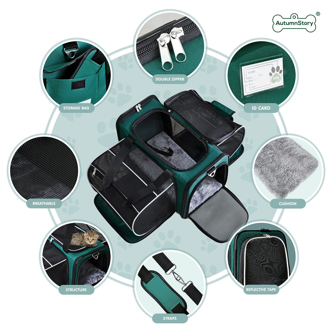 Cat Carrier, Pet Carrier Airline Approved, 2 Sides Expandable Dog Carrier, Soft-Sided Collapsible Dog Travel Bag with Removable Fleece Pad for Cats, Puppy and Small Animals (Green)