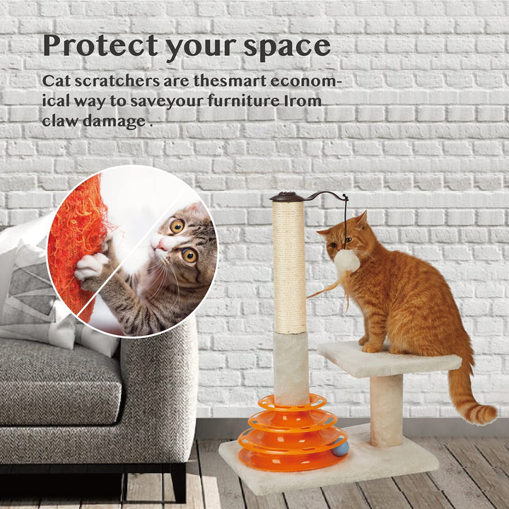 Cat Scratching Post Kitten Sisal Scratcher Tree with Tracks Toy Balls for Indoor Cats and Kittens - 25 inches