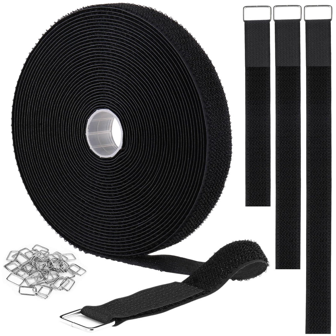 1x32ft Hook and Loop Straps with 50 Metal Buckles, Adjustable Fastening Cable Straps, Cut-to-Length Cinch Strap, Reusable Nylon Securing Cord Ties for Organizer or Storage, 1 inch Wide, Black