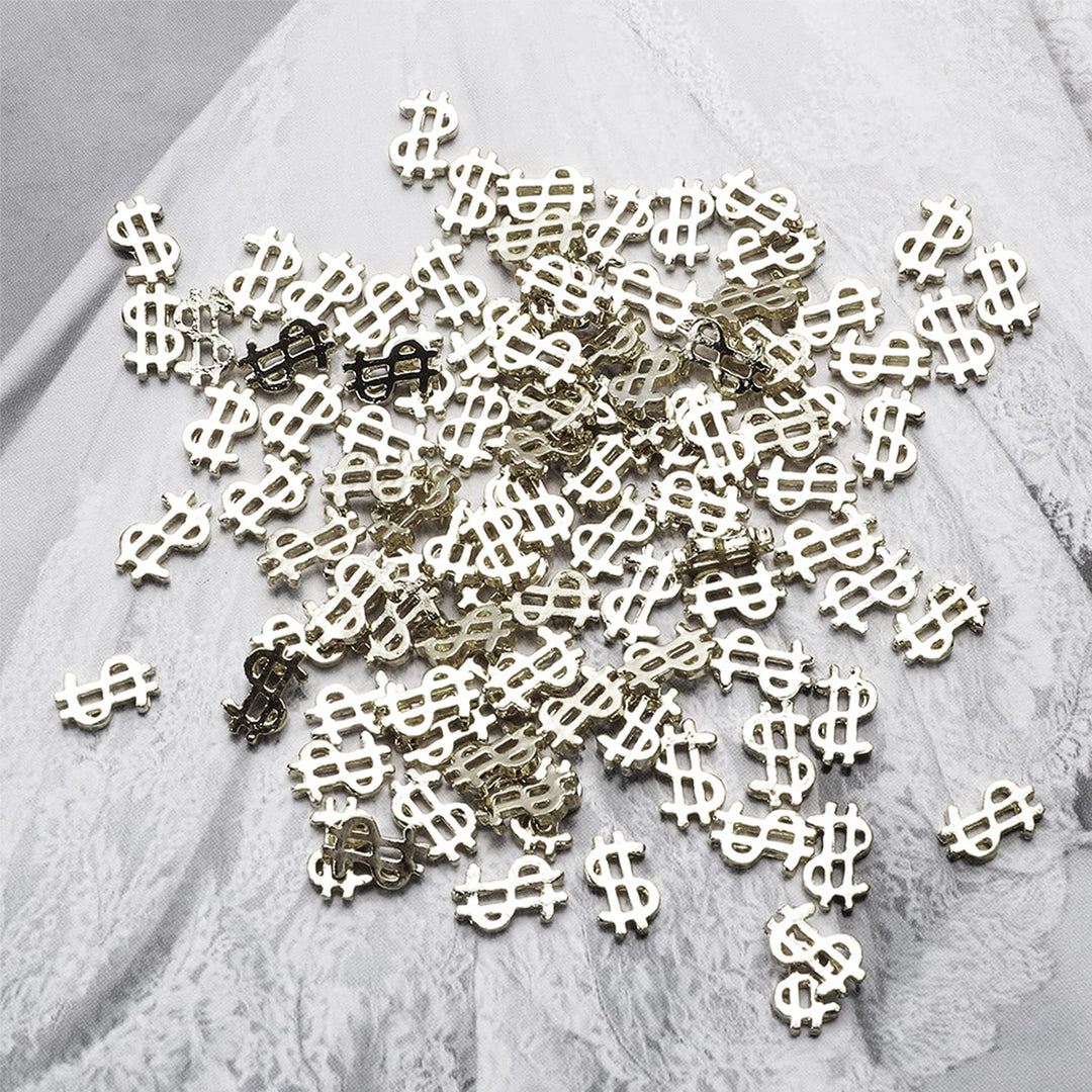 100pieces Luxury 3D Silver Dollar Sign Nail Art Charms Dollar Mark Shape Nail Stickers Jewels Bill Money Design Nail Art Studs Accessories for Women Girls Ladies (0.24inchx0.37inch)