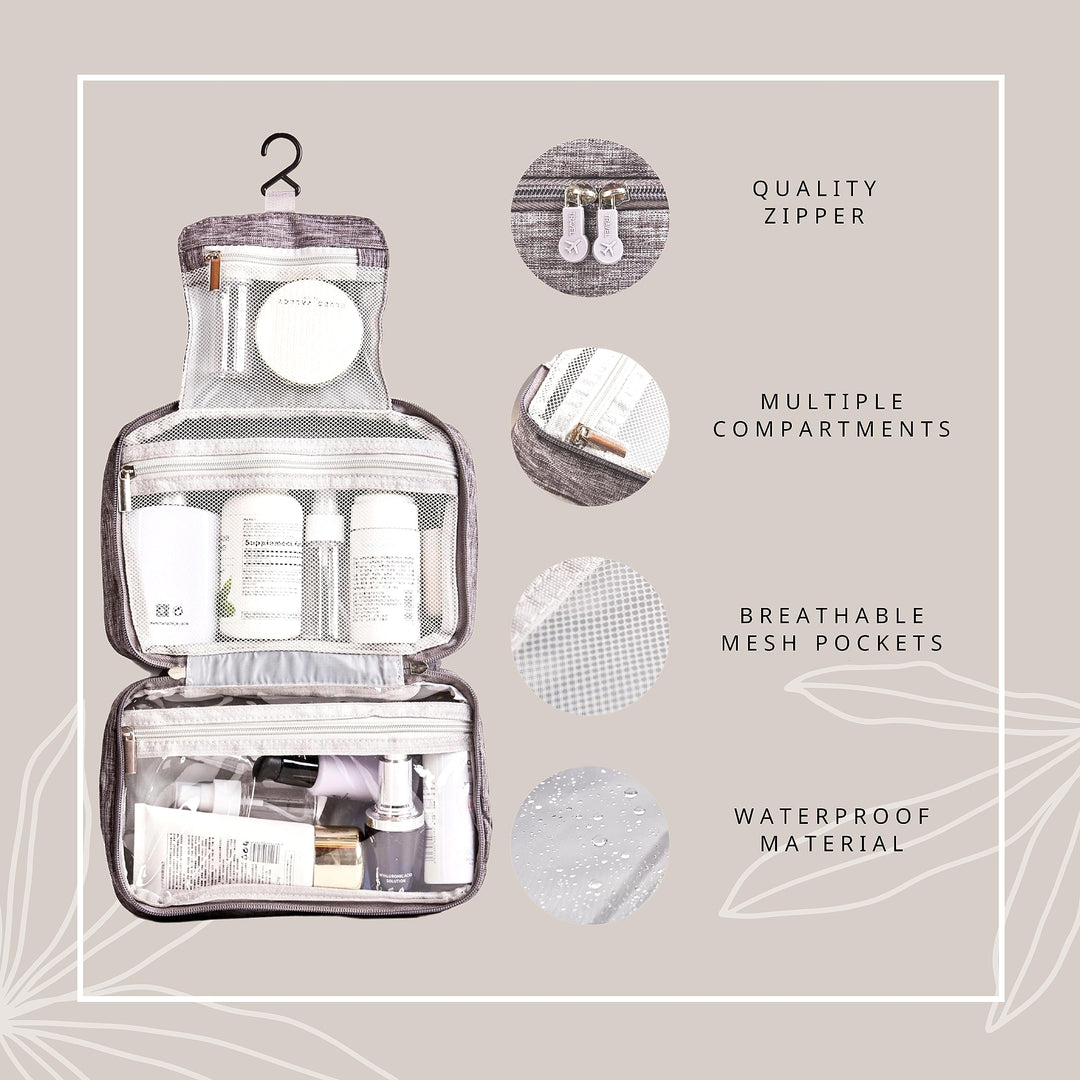 Toiletry Bag with 5 Travel-Size Bottles, Water-resistant Travel Organizer with 3 Foldable Compartments for Toiletries & Cosmetics