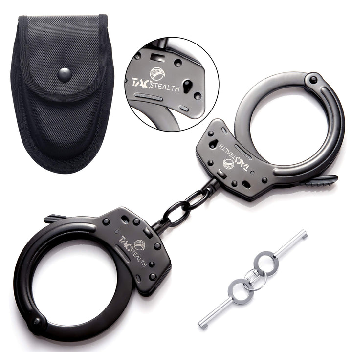 Steel Handcuffs with Two Keys & Handcuffs Case | Heavy Duty Black Steal Professional Grade | Bend/Break Free Secure Handcuffs