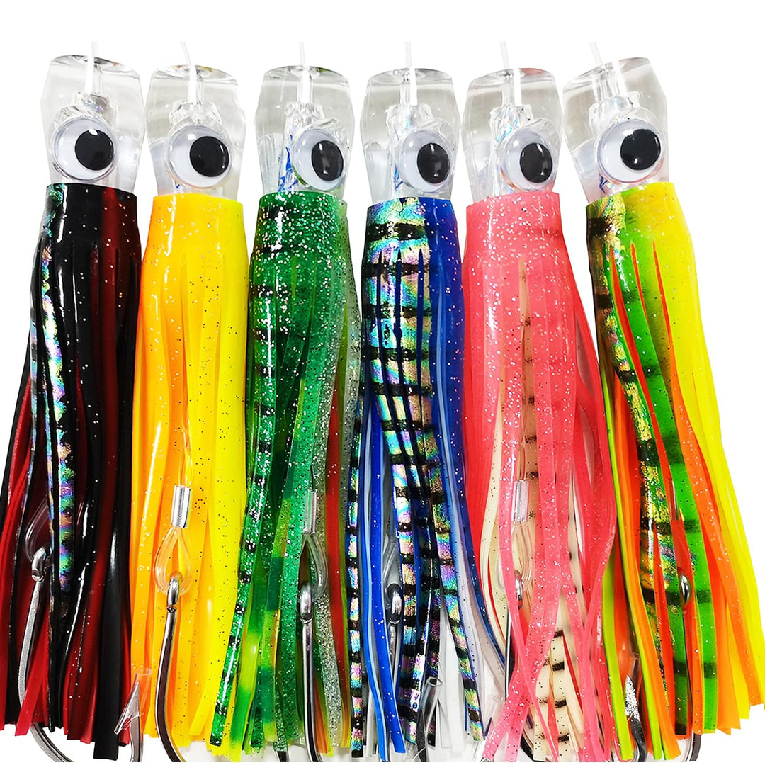 Kmucutie Set of 6 pcs 6.5 inch trolling Lure Marlin Tuna Dolphin Shark Big Game deep sea Fishing Lures Included Mesh Bag (6.5 INCH A)