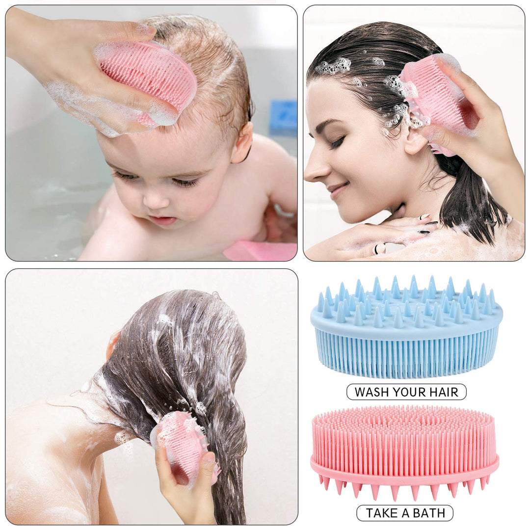 2 Pieces Exfoliating Silicone Body Scrubber, 2 in 1 Silicone Bath and Shampoo Brush, Wet and Dry Scalp Massager/Brush for Skin Care Scalp Massager - Pink & Blue