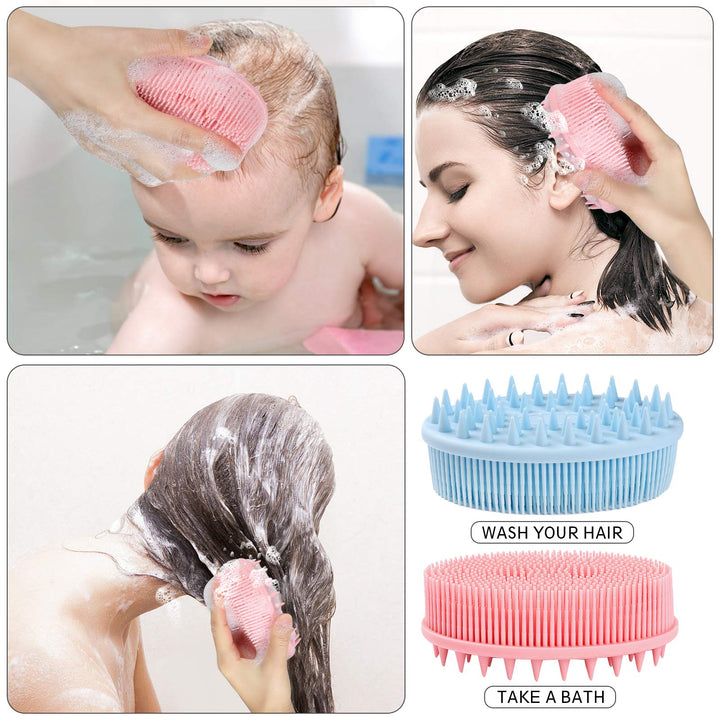 2 Pieces Exfoliating Silicone Body Scrubber, 2 in 1 Silicone Bath and Shampoo Brush, Wet and Dry Scalp Massager/Brush for Skin Care Scalp Massager - Pink & Blue