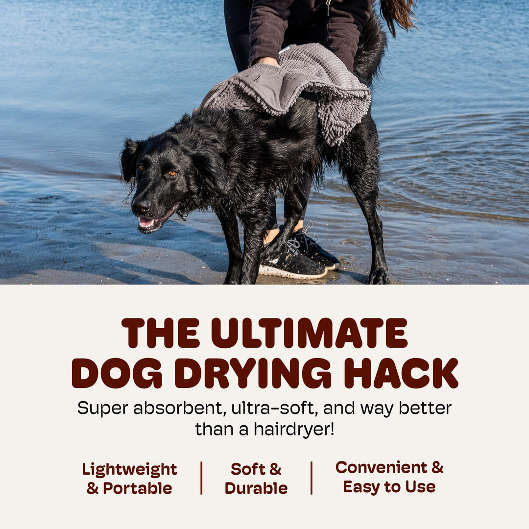 The Dirty Dog Shammy - Fast Drying Plush Shammy Towel with Dual Hand Pockets and Elastic - Super Absorbent Microfiber and Machine Washable - Grey