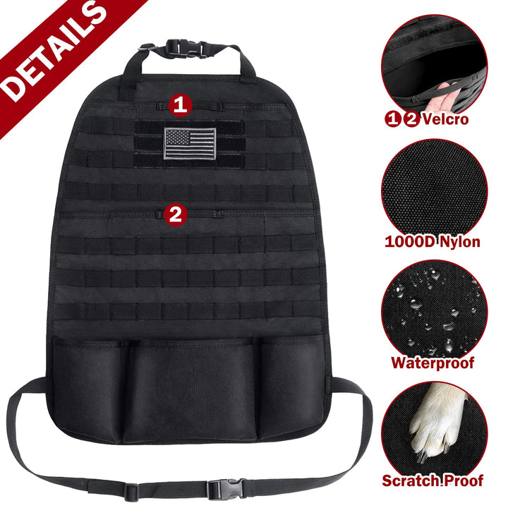 Car Seat Back Organizer, Universal Tactical Molle Vehicle Panel Cover Protector with Multiple Pockets for Truck SUV MPV Saloon Van(Single-Black)