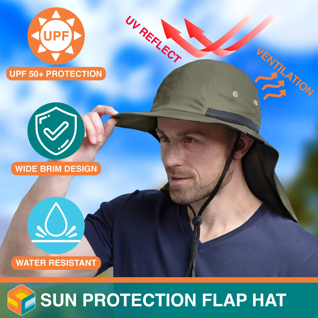Sun Hat for Men, Wide Brim Fishing Hat Neck Flap Cover Men Women, Hiking Safari, UV Sun Protection Summer Gardening Beach Camping UPF 50+, Olive