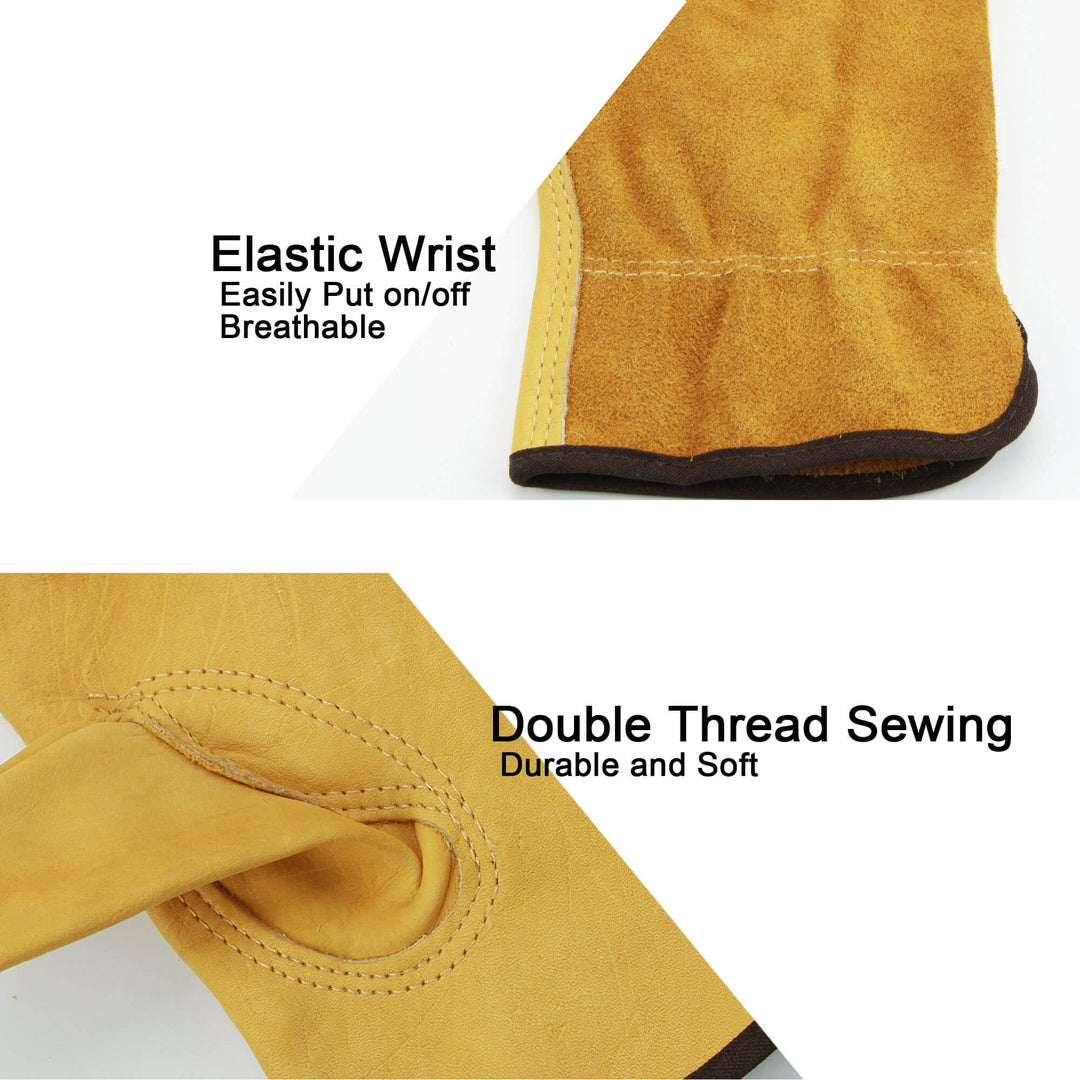 Leather Work Gloves Flex Grip Tough Cowhide Gardening Glove for Wood Cutting/Construction/Truck Driving/Garden/Yard Working for Men and Women 1 Pair (Gold,Medium)