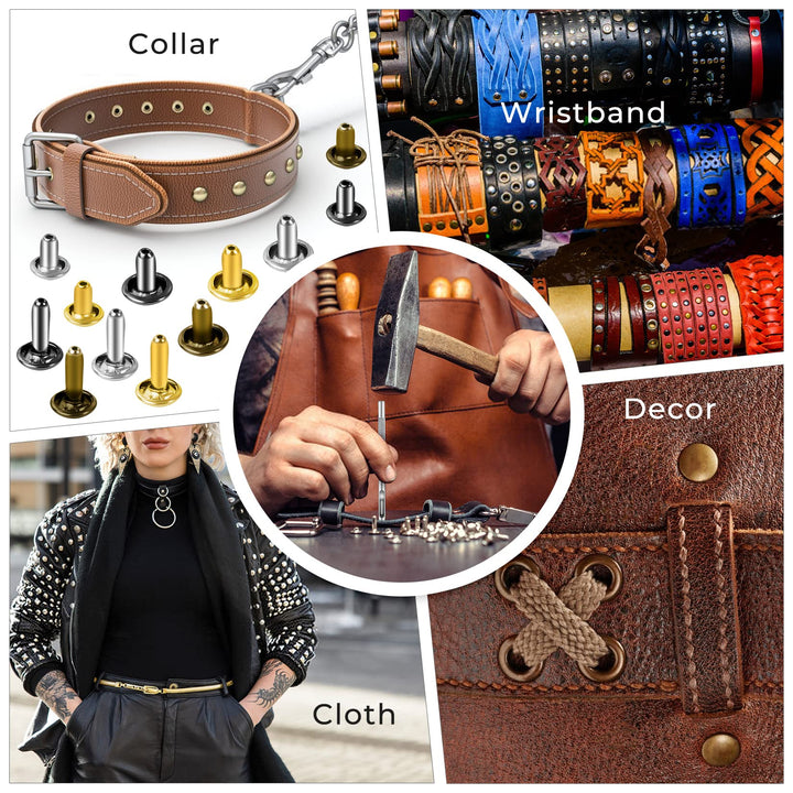 240 Sets Leather Rivets Kit, Double Cap Brass Rivets Leather Studs with 3PCS Setting Tools for Leather Repair and Crafts, 4 Colors and 3 Sizes