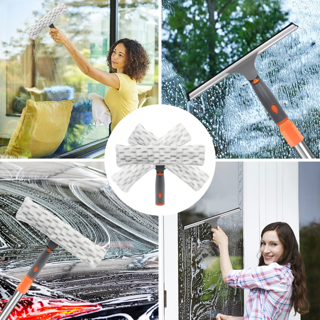 Squeegee for Window Cleaning, Long Handle Cleaner Tool with Extension Pole,11”Microfiber Cloth and 12”Wide Squeegee Cleaner Kit for Car,Shower Glass Door,High Windows