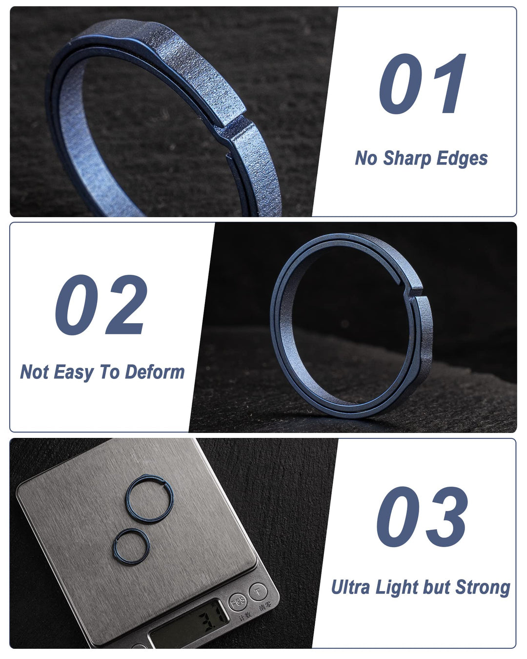 Titanium Key Ring,Elegant Quick Release Side Pushing Split Rings Kit-5Psc for Keychains,Heavy Duty Keyring for Dog Tag(Blue, K27+4K22)