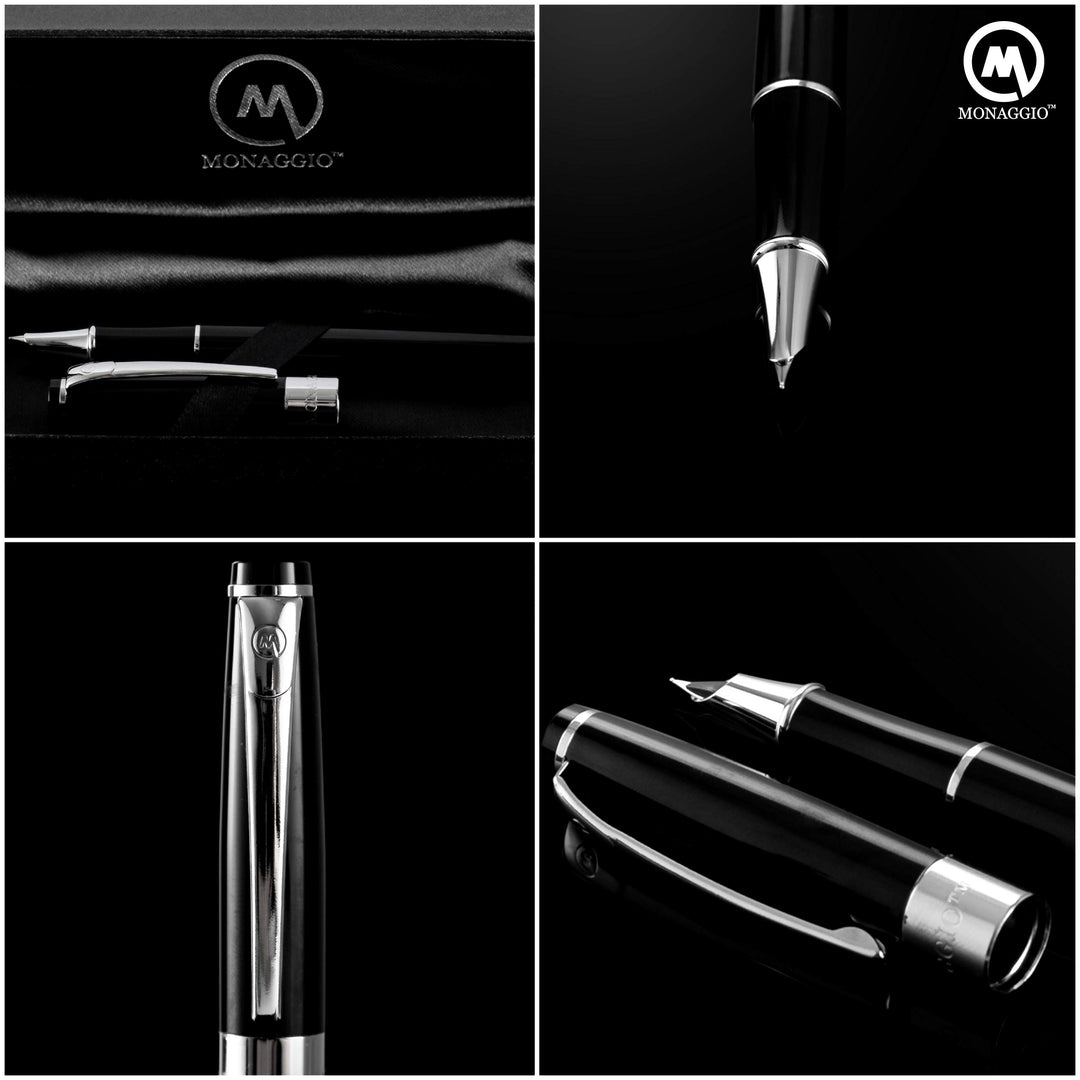 Luxury Black Fountain Pen with Beautiful Case Set, Fine Silver Nib and Refillable Converter. Perfect Calligraphy Pens to Make Your Point. Works Smoothly with International Disposable Ink Cartridges