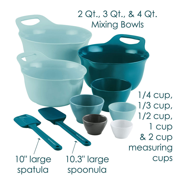 Tools and Gadgets Mix and Measure Cooking / Baking Prep Set with Mixing Bowls, Measuring Cups, and Tools - 10 Piece, Light Blue and Teal