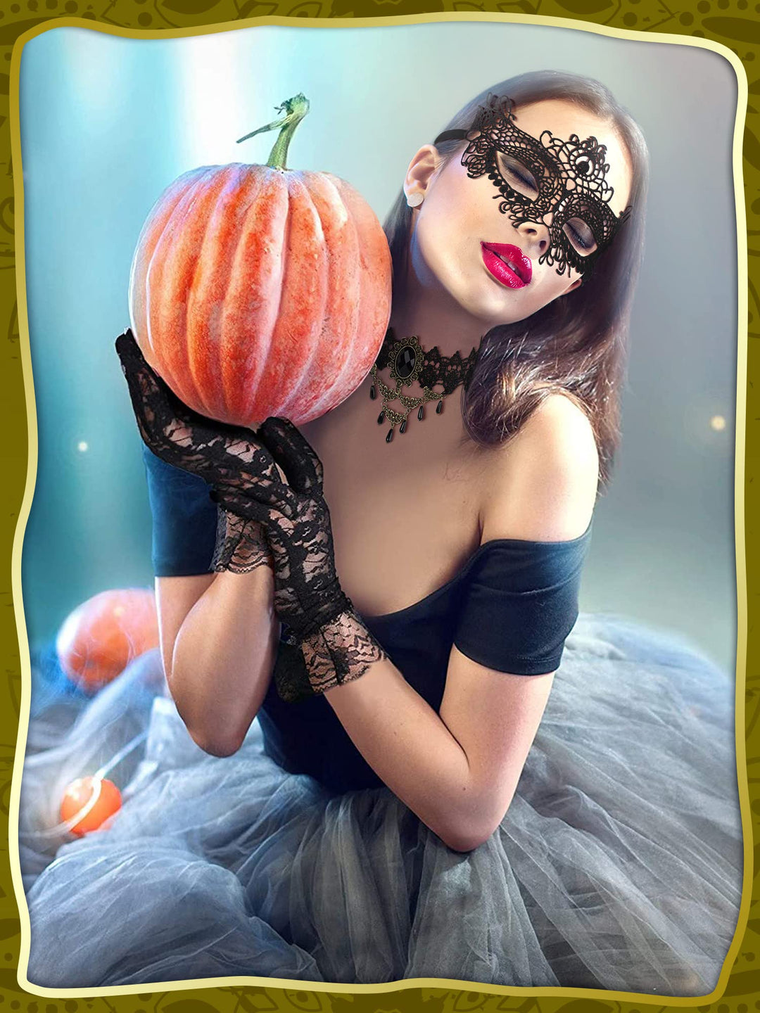 Masquerade Costume Set for Women, Lace Mask Gloves Black Gothic Choker Necklace Cosplay Accessories (Elegant Style)