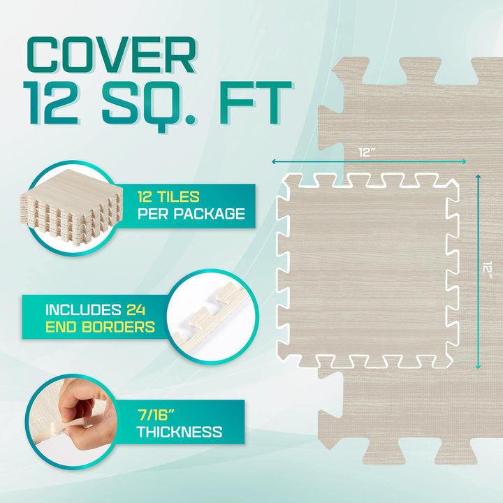 12SQ.FT Wood Grain Puzzle Exercise Mat Protective Flooring, EVA Interlocking Foam Floor Tiles with Border for Home