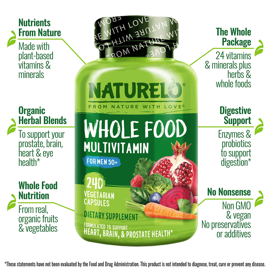 Whole Food Multivitamin for Men 50+ - with Vitamins, Minerals, Organic Herbal Extracts - Vegan Vegetarian - for Energy, Brain, Heart and Eye Health - 240 Capsules