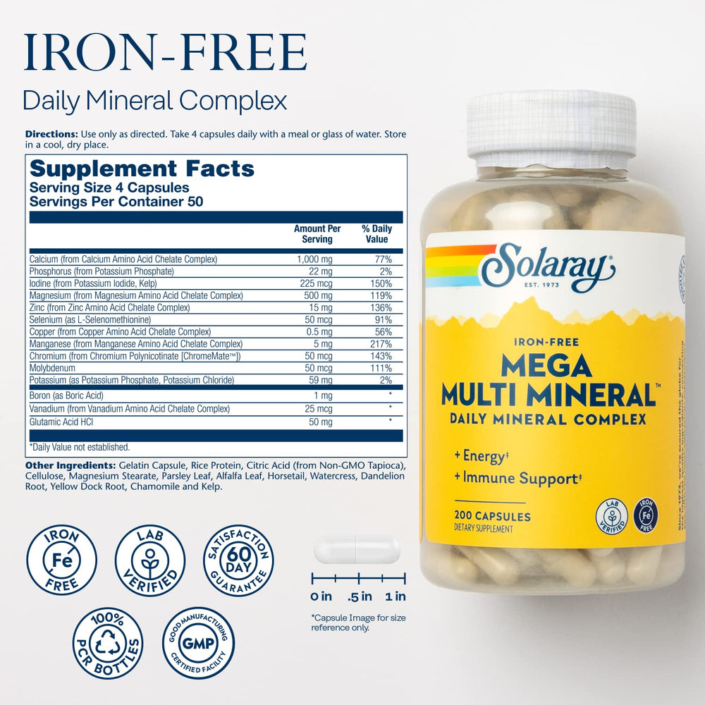 Iron-Free Mega Multi Mineral - Daily Mineral Complex w/Calcium, Magnesium, Zinc and More, Absorbable Chelated Forms, Energy and Immune Support, 60-Day Guarantee, 50 Servings, 200 Capsules