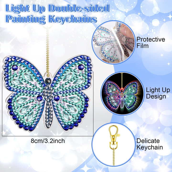 3 Pcs LED Painting Keychains Light up 5D Painting Kits for Kids Adult Double Sided DIY Diamond Art Keychains Diamond Art Pendant Craft Key Ring, Butterfly Dragonfly Love Heart