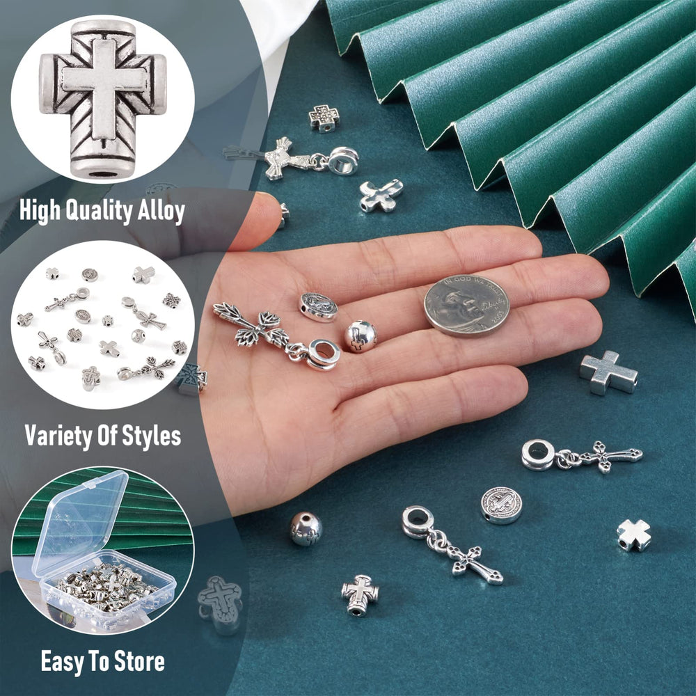 Pandahall 70pcs/Box 16 Styles Antique Silver Holy Cross Beads Tibetan Style Metal Spacer Cross Charms Prayer Beads for Rosary Bracelet Jewelry Making Supplies