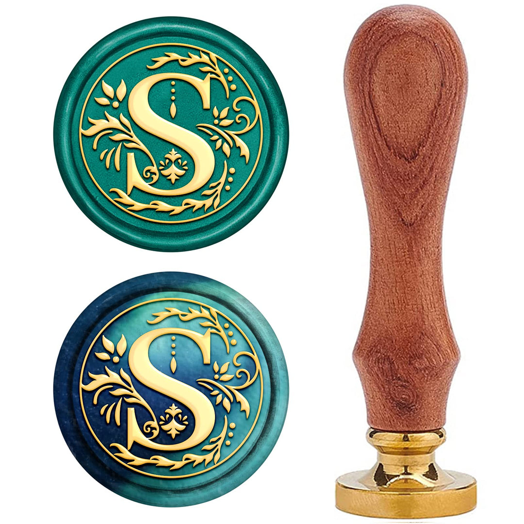 Initial S Wax Seal Stamp Alphabet Letter Vintage Sealing Stamp Olive Leaves Medieval Classic 25mm Removable Brass Head with Wooden Handle for Wedding Invitations Cards Envelopes