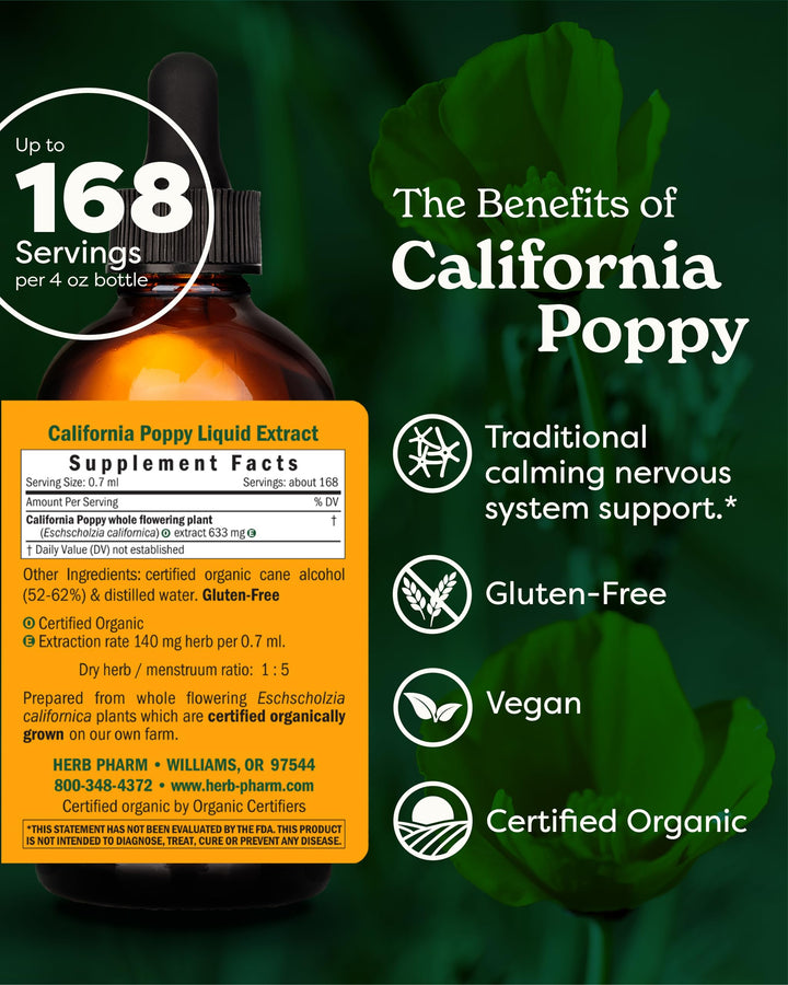 Certified Organic California Poppy Liquid Extract for Calming Nervous System Support - 4 Ounce