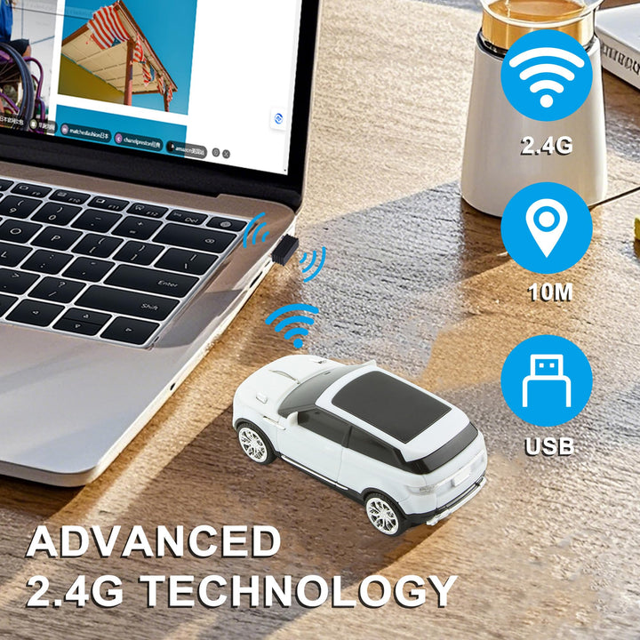 Cool SUV Car Shaped Wireless Mouse 1600 DPI Optical Cordless Mice with USB Receiver for Office School Travel for PC Computer Laptop Gift (White-1 Pack)