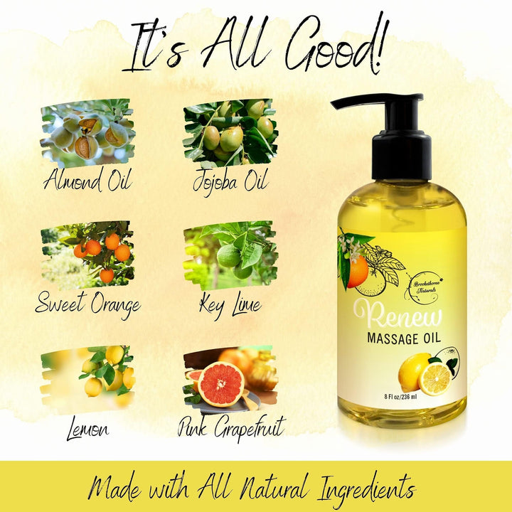Renew Massage Oil with Orange, Lemon & Peppermint Essential Oils - Great for Massage Therapy or Home use. Ideal for Full Body – with Almond, Grapeseed & Jojoba Oils –