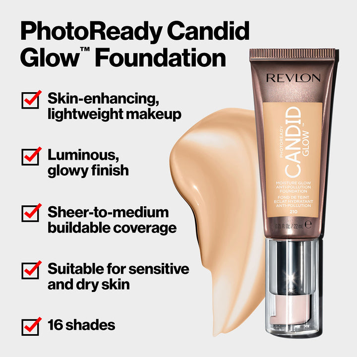 Revlon PhotoReady Candid Glow Moisture Glow Anti-Pollution Foundation with Vitamin E and Prickly Pear Oil, Anti-Blue Light Ingredients, without Parabens, Pthalates, and Fragrances,Caramel, 0.75 oz