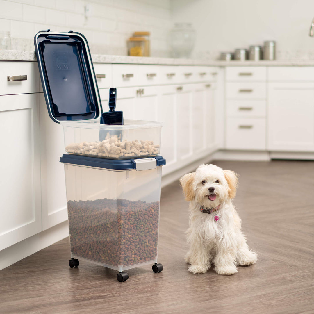 USA Dog Food Storage Container, 30 lbs & 11 lbs Combo, Cat Food Storage Container, Dog Treat Container, Airtight, Stackable, 2-Cup Scoop, Wheels, Easy Mobility, Navy
