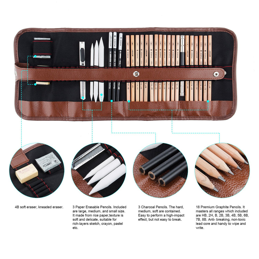 29 Pieces Professional Sketching & Drawing Art Tool Kit With Graphite Pencils, Charcoal Pencils, Paper Erasable Pen, Craft Knife-Lightwish (without Sketchbook, with Canvas Rolling Pouch)…